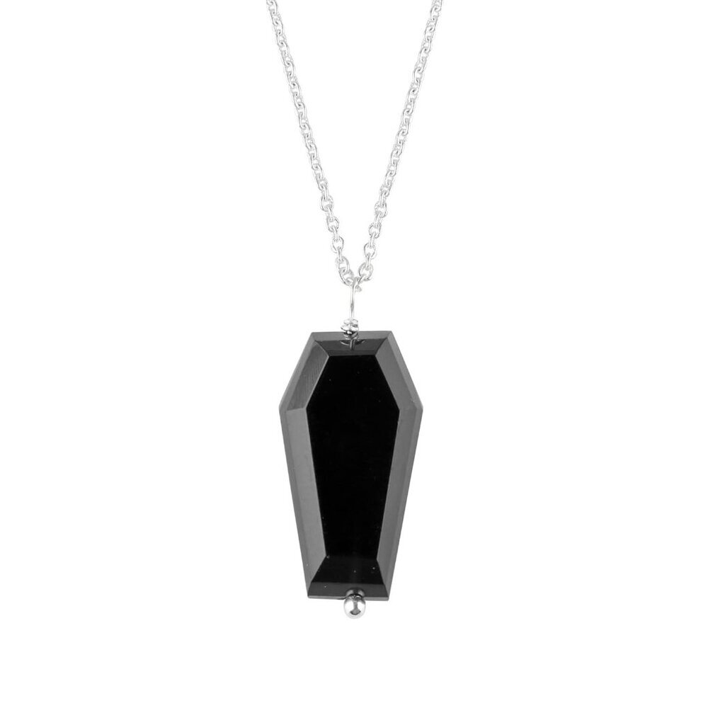 Natural Black Onyx Gemstones Coffin Pendant Necklace, Silver Chain, Handmade Jew